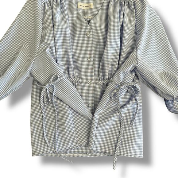 YOU ARE BEAUTIFUL Seoul Blue Gingham Puff Sleeve Waist Tie Blouse Top M - Picture 7 of 7